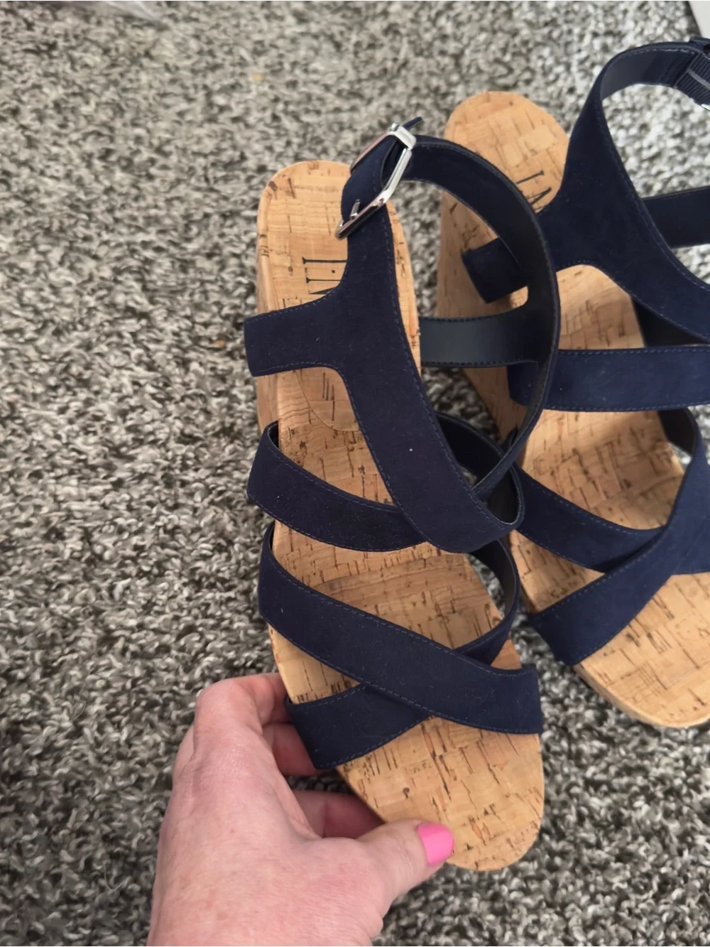 INC International Concepts Navy Strappy Cork Wedge Sandals